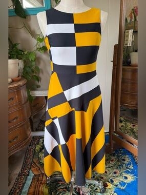 Julian Taylor New York Colorblock Fit-and-Flare Midi Dress Yellow/Black/White 8